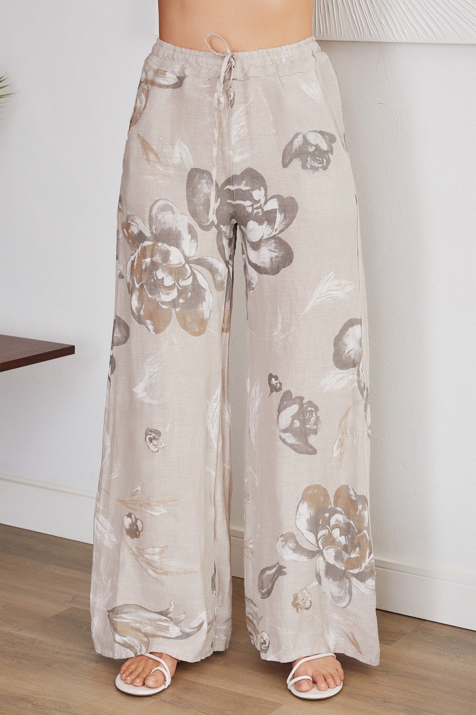 Pansy Floral Drawstring Linen Pants 12 03 PANSY